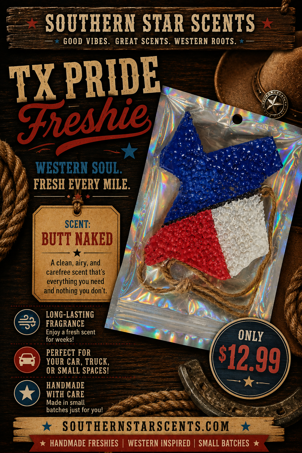 Texas Pride Freshie – Butt Naked Scent | Texas Car Air Freshener